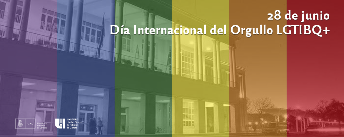 Foto del Pabellón intervenida con una bandera del orgullo. Leyenda: 28 de junio Día Internacional del Orgullo LGTIBQ+